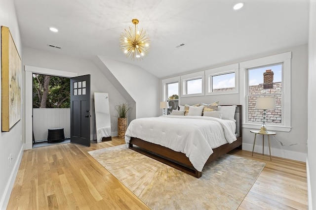 34 Walker St, Somerville, MA 02144 - bedroom with light wood-style flooring, a chandelier, baseboards, recessed lighting, and lofted ceiling