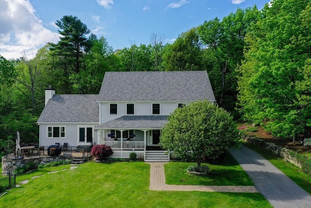 15 Allen Hill Rd, Princeton, MA 01541 - view of front of home featuring a chimney, roof with shingles, a front lawn, and covered porch