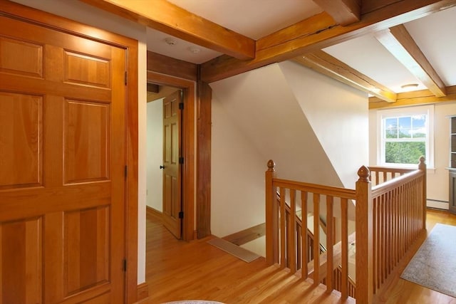 15 Allen Hill Rd, Princeton, MA 01541 - hall with an upstairs landing, light wood-style flooring, beam ceiling, and baseboard heating