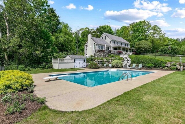 15 Allen Hill Rd, Princeton, MA 01541 - view of swimming pool featuring stairway, a patio area, and a diving board