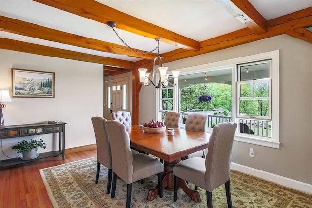 15 Allen Hill Rd, Princeton, MA 01541 - dining room with beamed ceiling, a chandelier, baseboards, and wood finished floors