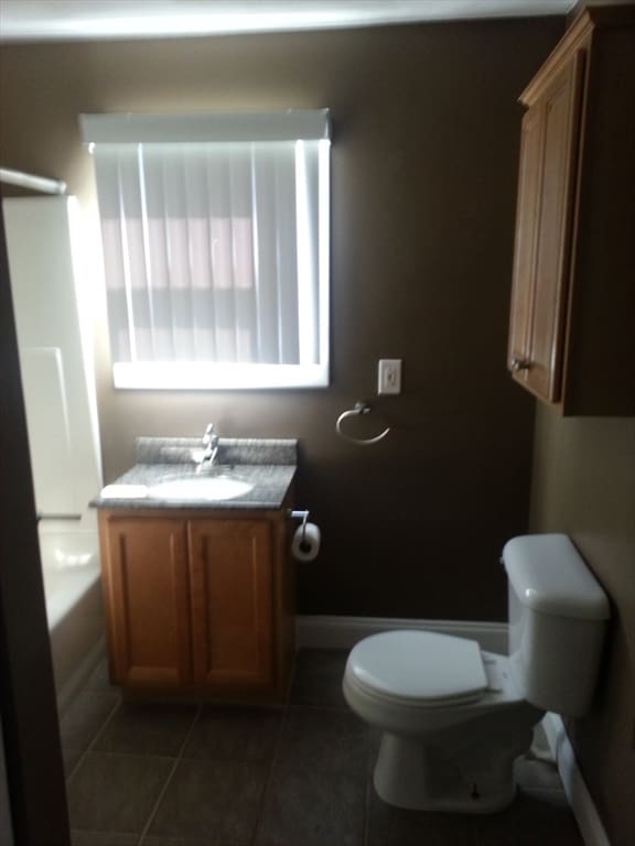 bathroom with vanity, toilet, and tile patterned floors