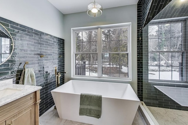 full bath featuring plenty of natural light, vanity, and a freestanding bath