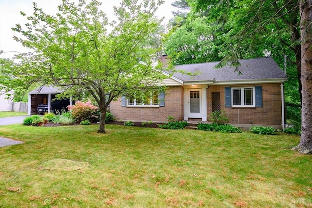 13 Smith Rd, Hingham, MA 02043 - ranch-style house with a chimney, brick siding, a front lawn, and entry steps