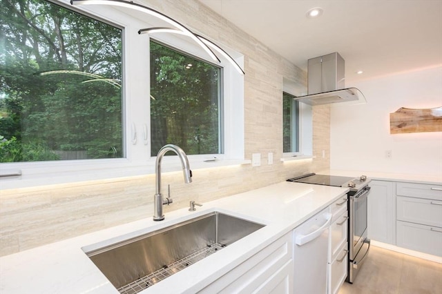 13 Smith Rd, Hingham, MA 02043 - kitchen featuring a sink, island range hood, electric stove, white dishwasher, and tasteful backsplash