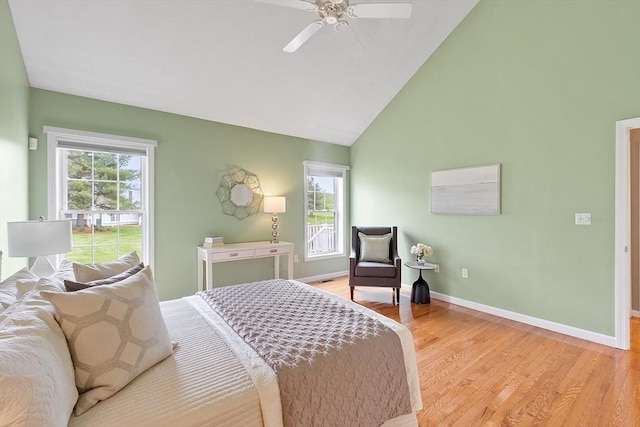 45 Augusta Way Unit 23, Chelmsford, MA 01863 - bedroom with light wood-style flooring, baseboards, high vaulted ceiling, and a ceiling fan