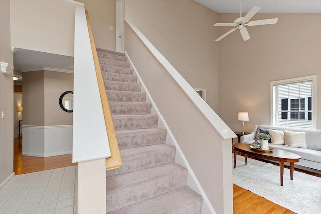 45 Augusta Way Unit 23, Chelmsford, MA 01863 - staircase with a ceiling fan, baseboards, a high ceiling, and wood finished floors