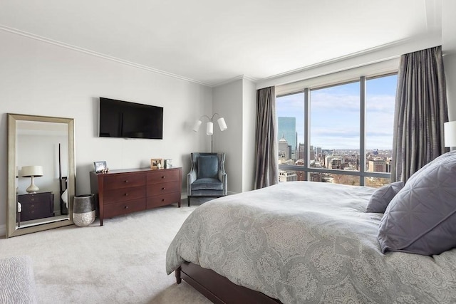 carpeted bedroom featuring crown molding