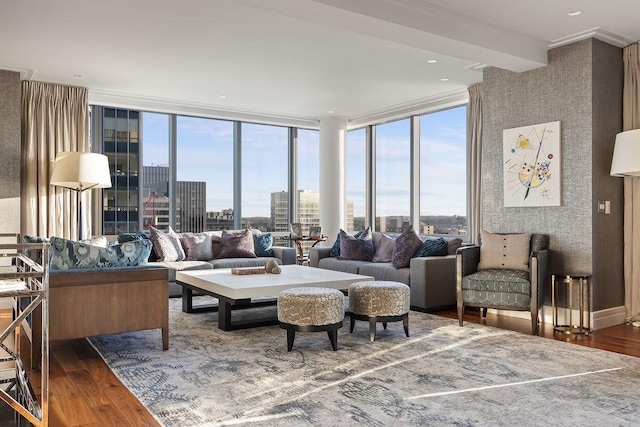 living area featuring wood finished floors, a wall of windows, healthy amount of natural light, and a view of city