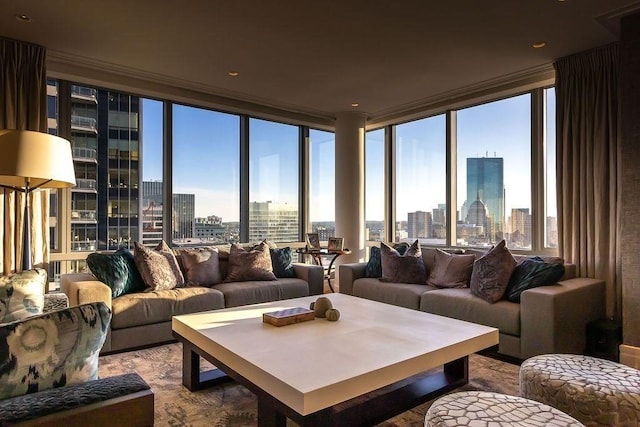 living area with a skyline view