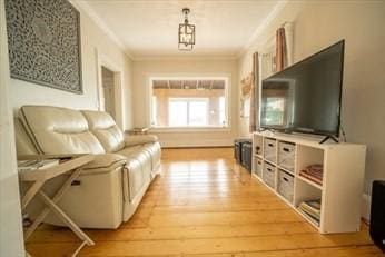 living area featuring ornamental molding and light wood-style flooring