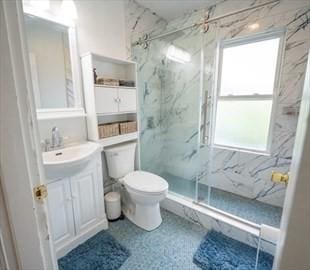 full bath featuring toilet, plenty of natural light, a marble finish shower, and vanity