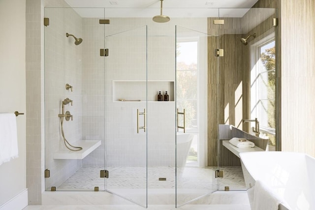 bathroom with shower with separate bathtub