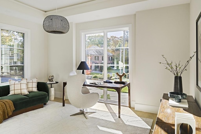 office area with light wood-type flooring and a healthy amount of sunlight