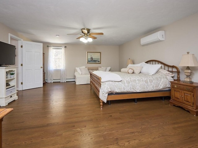 bedroom with ceiling fan, baseboard heating, wood finished floors, and a wall mounted AC