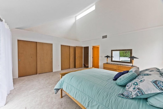 374 Great Rd Unit 10, Acton, MA 01720 - bedroom featuring multiple closets, light carpet, high vaulted ceiling, and baseboards