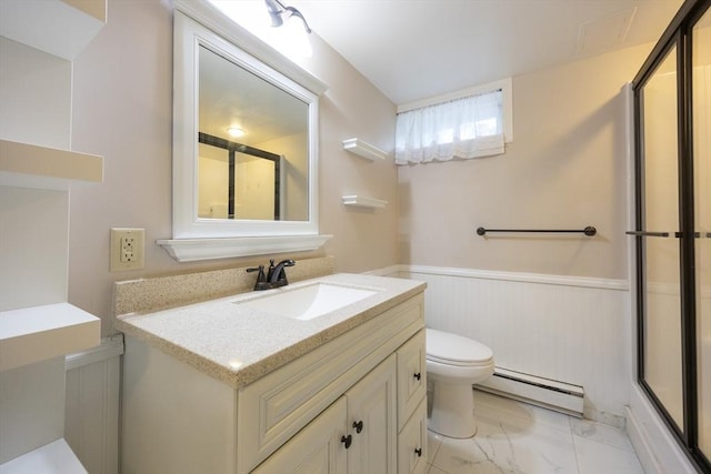 109 Circle Dr, Wrentham, MA 02093 - full bathroom with baseboard heating, marble look tile flooring, an enclosed shower, wainscoting, and vanity