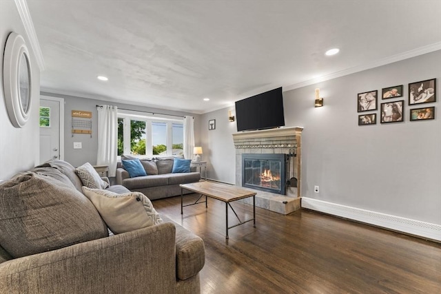 36 Porter Rd, Marlborough, MA 01752 - living room featuring ornamental molding, wood finished floors, a glass covered fireplace, and recessed lighting