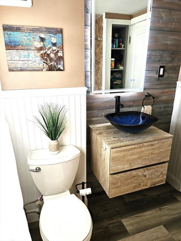 bathroom featuring vanity, hardwood / wood-style floors, and toilet