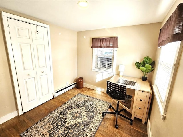 office space featuring baseboard heating and dark wood-type flooring