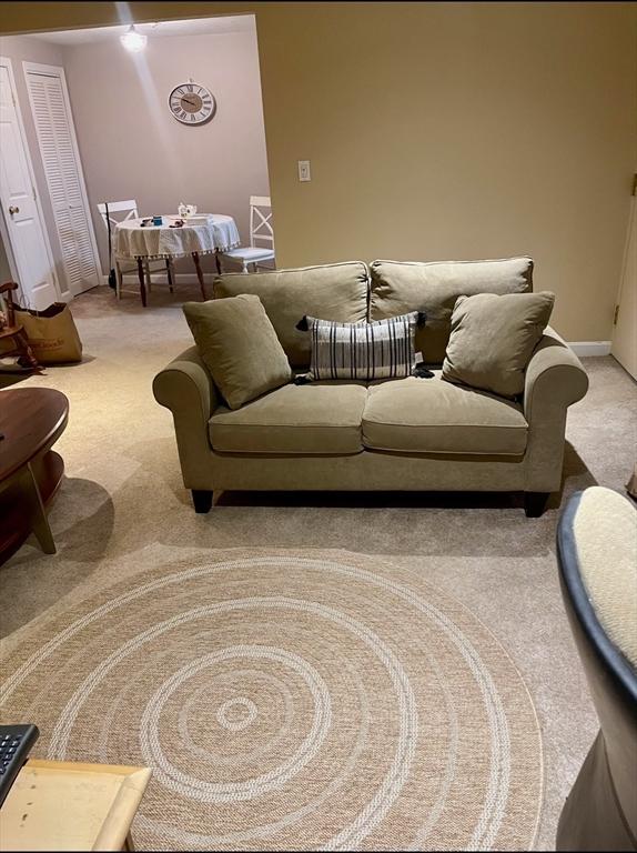 living room featuring carpet and baseboards