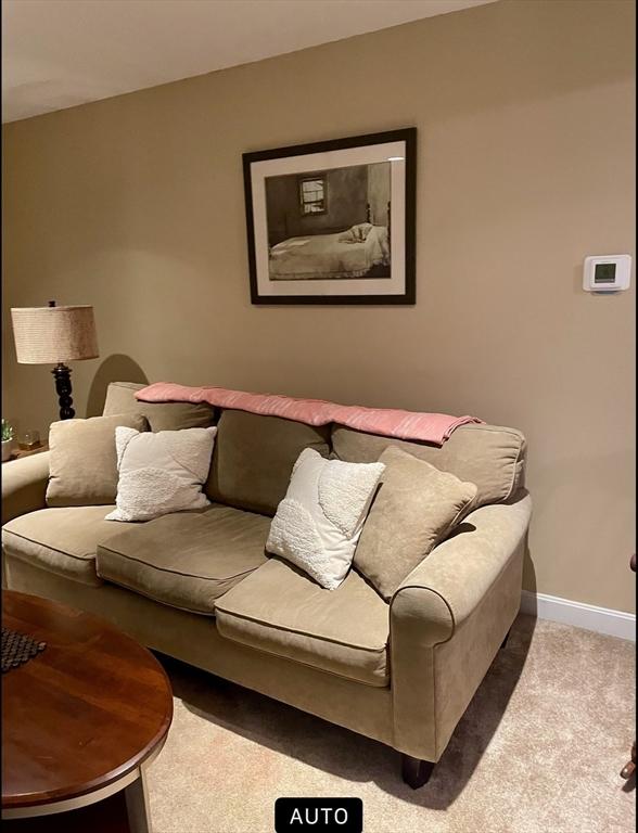 carpeted living room with baseboards