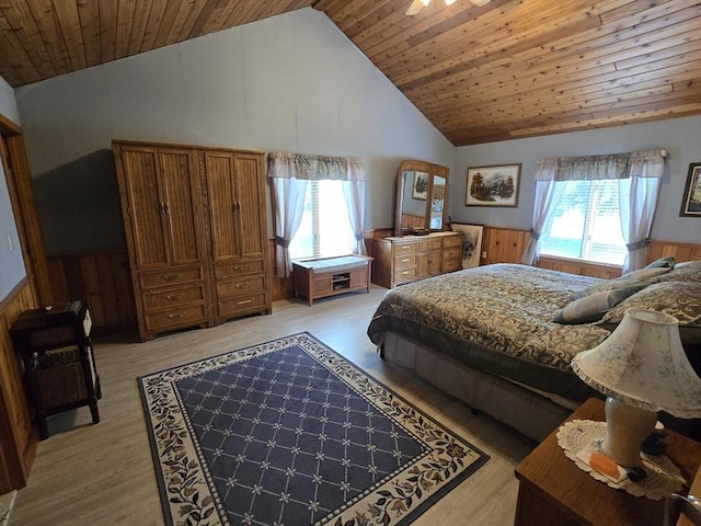 6 Nevada, Freetown, MA 02702 - bedroom with light wood finished floors, wooden ceiling, wainscoting, wood walls, and high vaulted ceiling