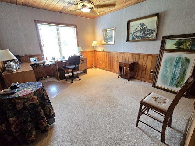 6 Nevada, Freetown, MA 02702 - office with wooden ceiling, a wainscoted wall, ceiling fan, light carpet, and wooden walls