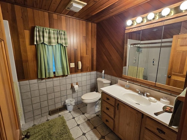 6 Nevada, Freetown, MA 02702 - bathroom featuring wooden ceiling, a stall shower, vanity, wood walls, and tile walls