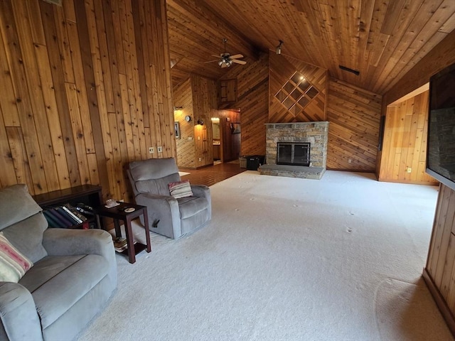 6 Nevada, Freetown, MA 02702 - unfurnished living room featuring wood walls, a fireplace, carpet floors, wood ceiling, and vaulted ceiling