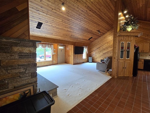 6 Nevada, Freetown, MA 02702 - unfurnished living room with wood ceiling, high vaulted ceiling, wooden walls, and a fireplace