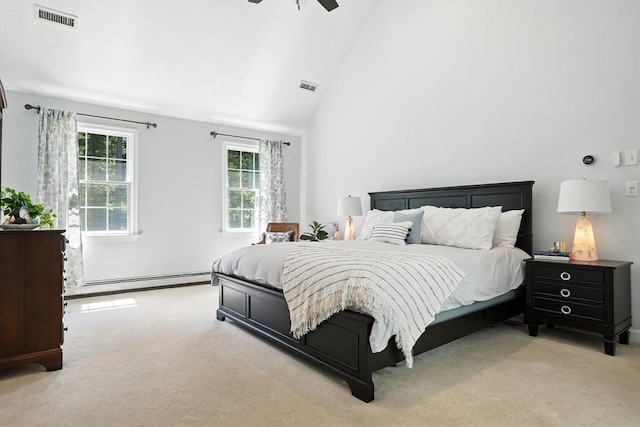 134 Lincoln St, Norwell, MA 02061 - bedroom with a baseboard heating unit, light carpet, high vaulted ceiling, and a ceiling fan