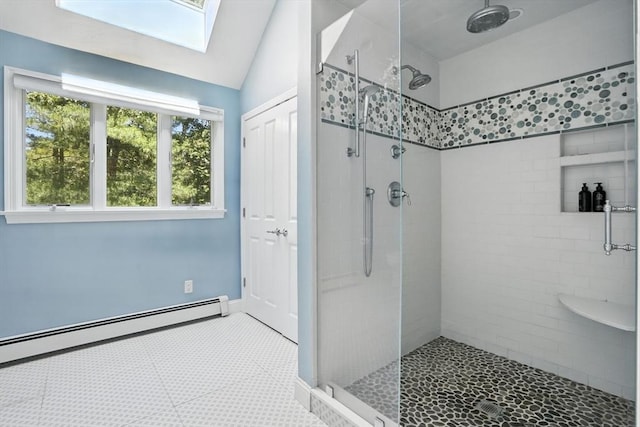 134 Lincoln St, Norwell, MA 02061 - full bathroom with a baseboard radiator, a skylight, a shower stall, and lofted ceiling