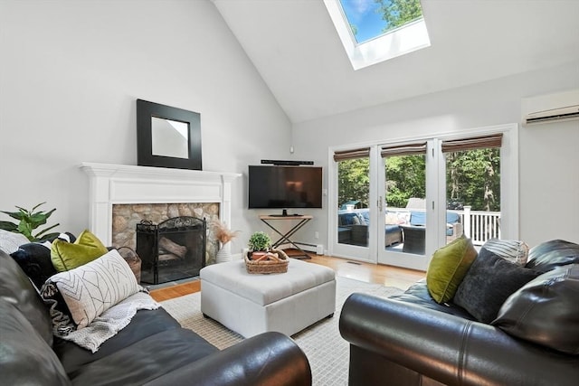 134 Lincoln St, Norwell, MA 02061 - living room with high vaulted ceiling, light wood-style floors, healthy amount of natural light, and a skylight