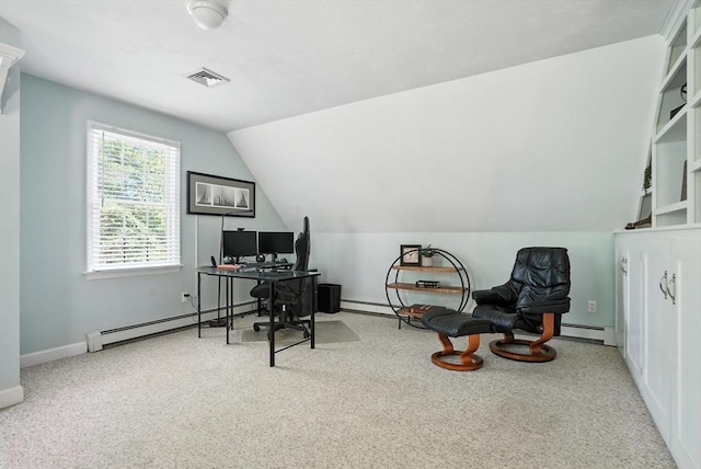 134 Lincoln St, Norwell, MA 02061 - carpeted office with a baseboard radiator, vaulted ceiling, and a baseboard heating unit