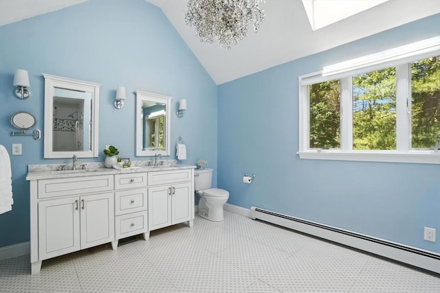 134 Lincoln St, Norwell, MA 02061 - bathroom featuring baseboard heating, double vanity, a skylight, a shower, and high vaulted ceiling
