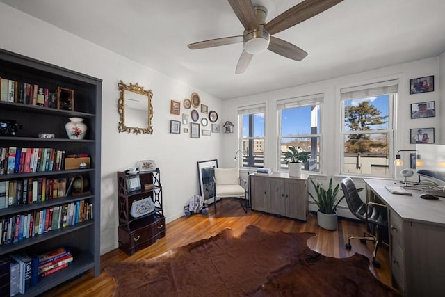 office space with ceiling fan, baseboards, and wood finished floors