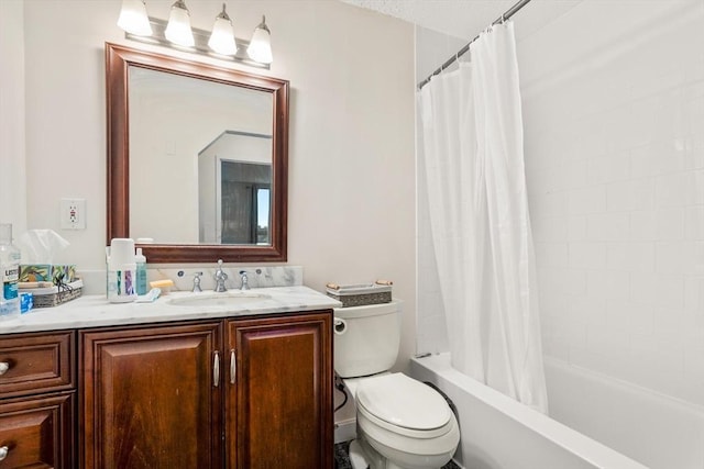 bathroom with vanity, toilet, and shower / tub combo with curtain