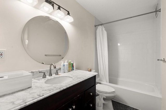 full bath with toilet, vanity, and shower / bath combination with curtain