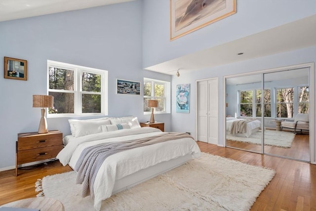 bedroom with baseboards, multiple closets, wood finished floors, and a towering ceiling