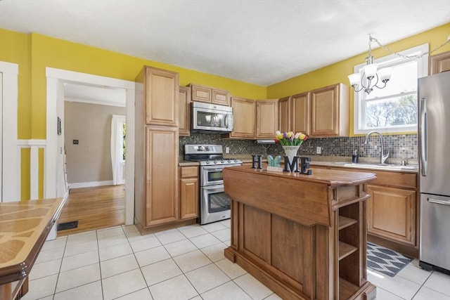 kitchen with stainless steel appliances, decorative backsplash, a sink, and a center island
