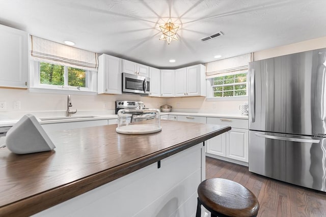 117 Woodland Dr, Lunenburg, MA 01462 - kitchen featuring appliances with stainless steel finishes, healthy amount of natural light, white cabinets, dark wood-style flooring, and recessed lighting