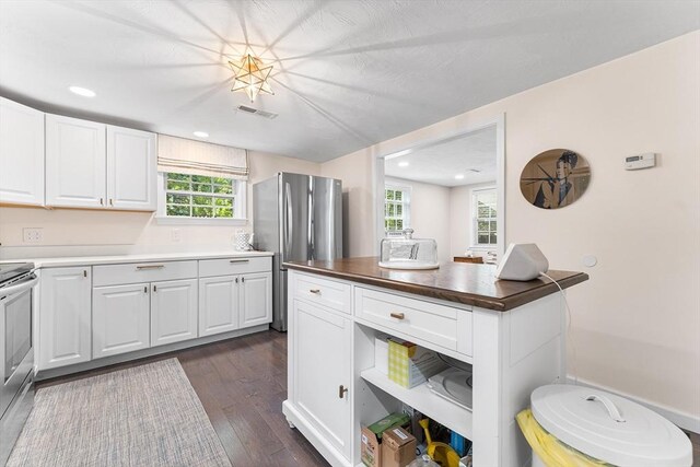 117 Woodland Dr, Lunenburg, MA 01462 - kitchen with stainless steel appliances, white cabinets, dark wood-style flooring, recessed lighting, and wood counters