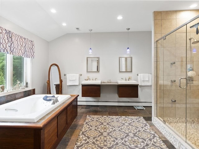 886 Methuen St, Dracut, MA 01826 - bathroom with double vanity, a bath, a stall shower, recessed lighting, and vaulted ceiling