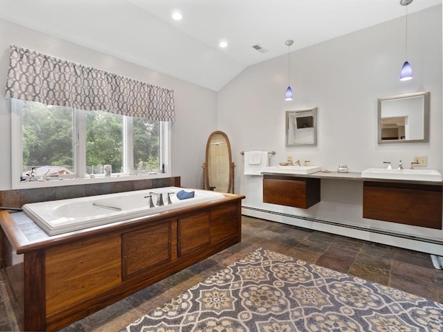 886 Methuen St, Dracut, MA 01826 - full bath featuring double vanity, lofted ceiling, stone finish floors, and a bath
