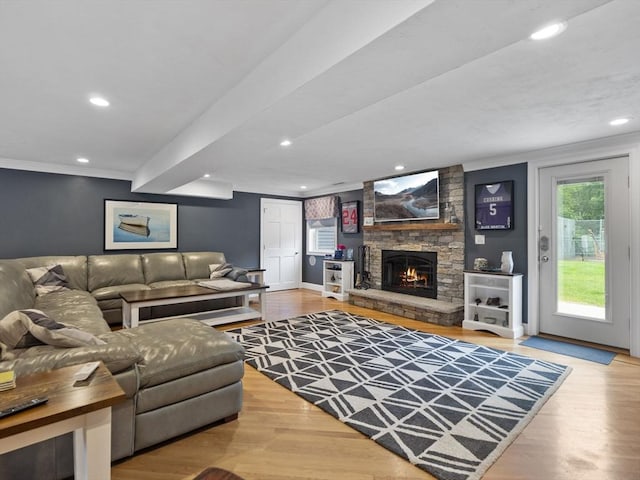 886 Methuen St, Dracut, MA 01826 - living room with recessed lighting, wood finished floors, a fireplace, and crown molding