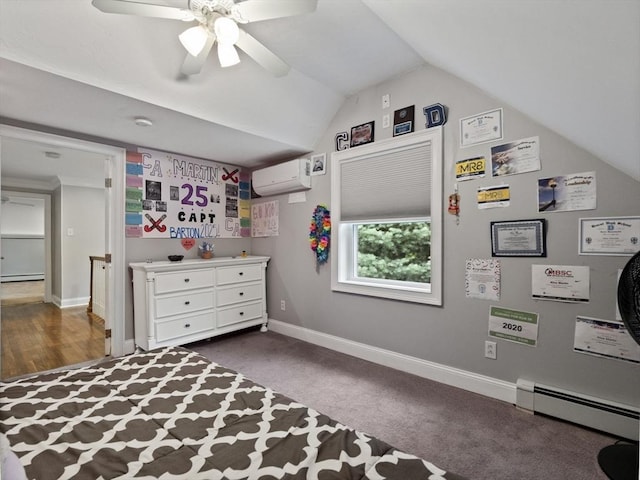 886 Methuen St, Dracut, MA 01826 - bedroom with an AC wall unit, lofted ceiling, a ceiling fan, a baseboard heating unit, and baseboard heating
