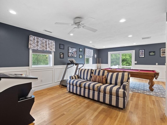 886 Methuen St, Dracut, MA 01826 - game room featuring billiards, ceiling fan, wood finished floors, a wainscoted wall, and recessed lighting
