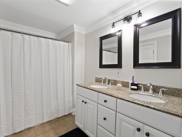 886 Methuen St, Dracut, MA 01826 - full bathroom featuring double vanity, tile patterned floors, a shower with shower curtain, and ornamental molding