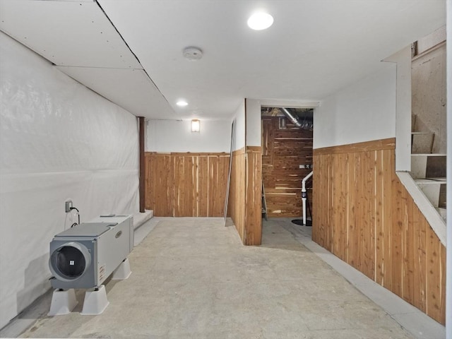 886 Methuen St, Dracut, MA 01826 - finished below grade area with wood walls, stairway, and a wainscoted wall